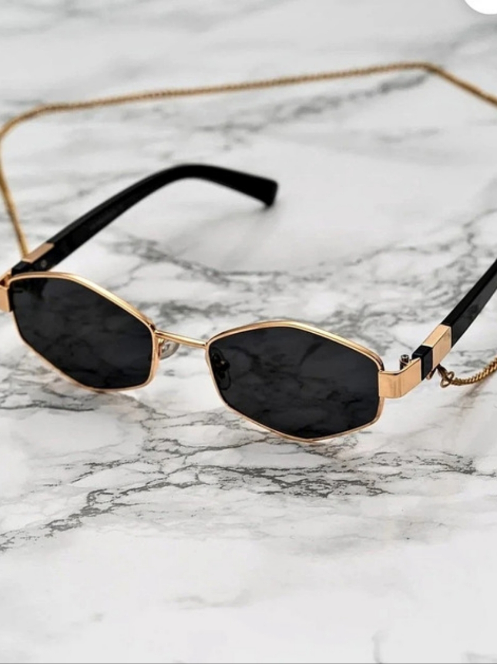 Black Hexagonal Sunglasses with Detachable Chain.New .